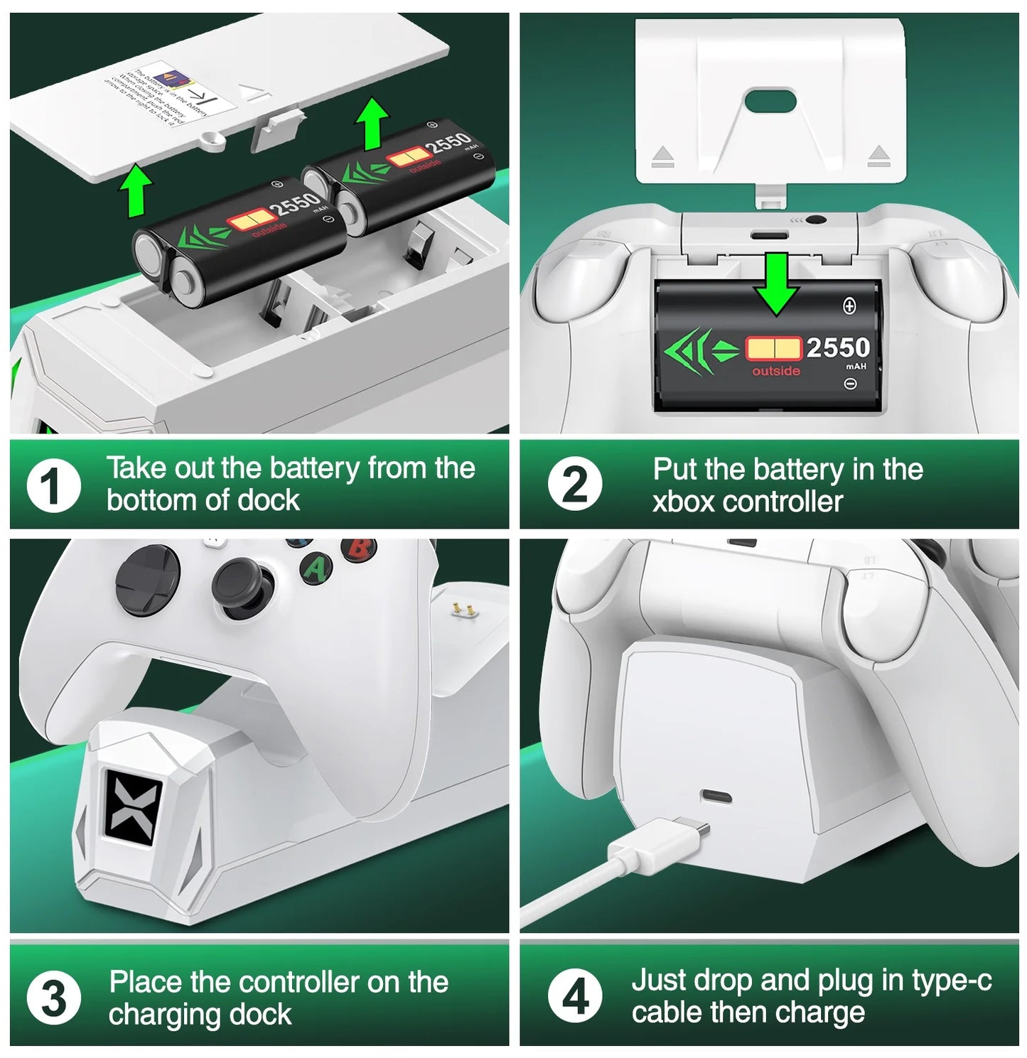 Xbox Controller Charger Station with 2 X5520Mwh Rechargeable Battery Pack for Xbox Series X|S, Xbox One, One S, One X & Elite Controllers